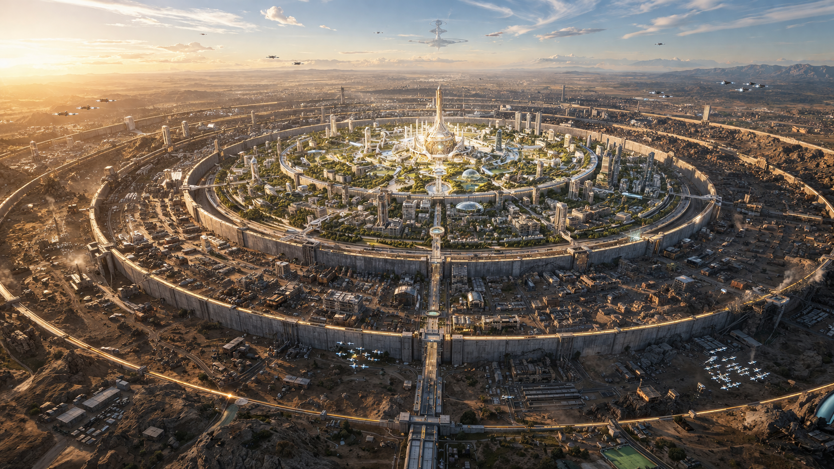 The Five Rings — aerial view of concentric civilization rings