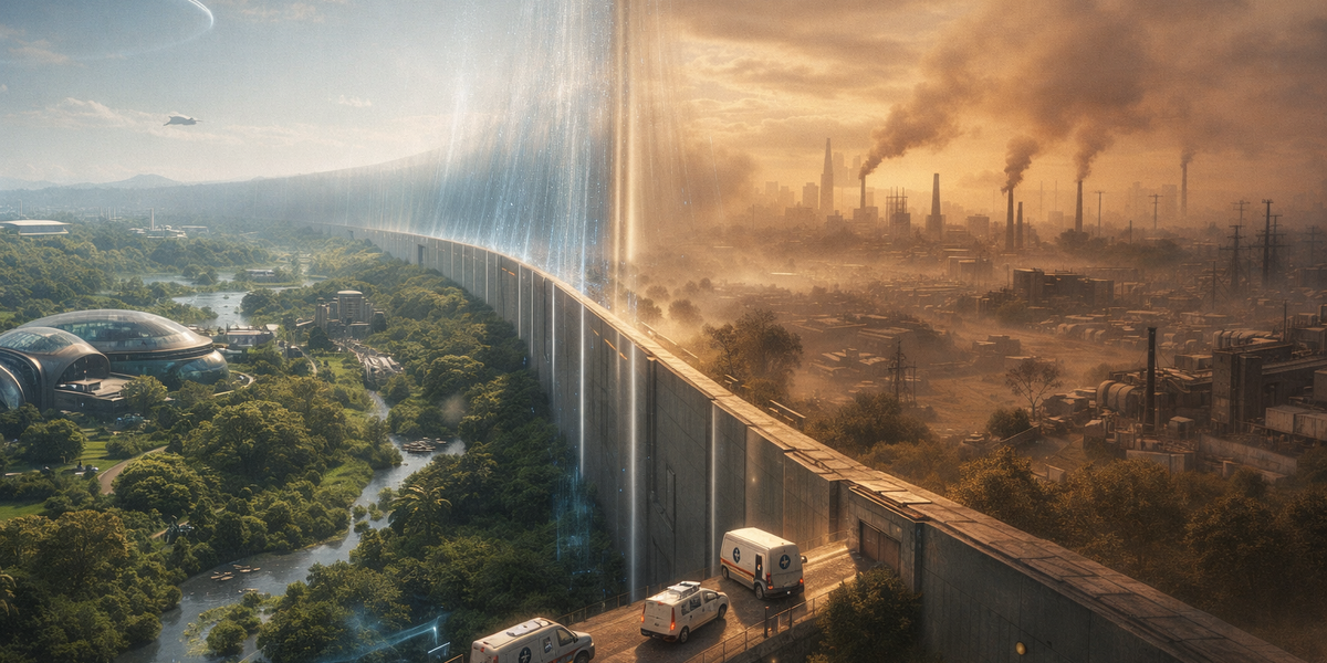 VMSS environmental posture — closed-loop civilizational infrastructure contrasted against Earth atmospheric degradation, with mega-wall providing atmospheric insulation