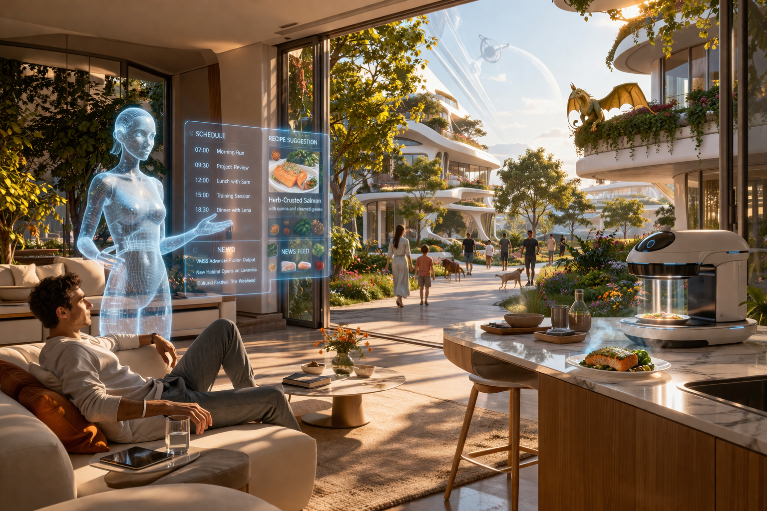 VMSS daily life — AGI assistants, food synthesis, historical communities, space colonization